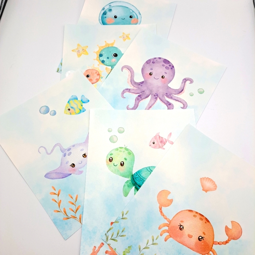 6-Piece Aquatic Sea Animals Prints  Pastel Color Art - Marine Life Art - Picture 2 of 11